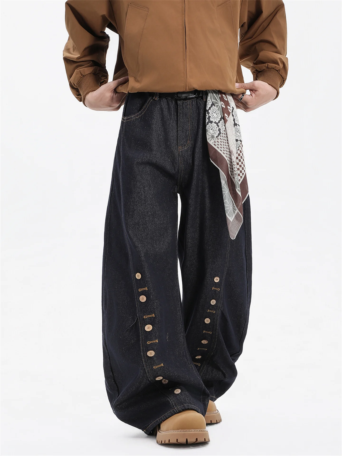 

American Retro Original Color Knife Jeans Men's Small Button Design Loose Wide Leg Pants Baggy Scythe Pants