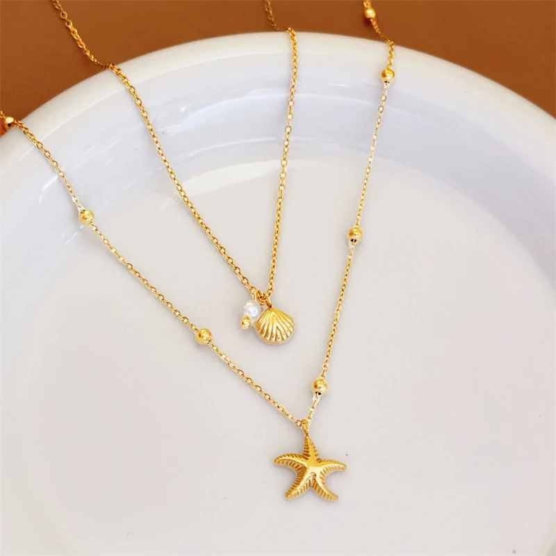 316L الفولاذ المقاوم للصدأ الاتجاه الجديد 18K مجوهرات مطلية بالذهب 2-Layer الإسكالوب نجم البحر اللؤلؤ الديكور المرأة سلسلة سحرية المختنق قلادة #5