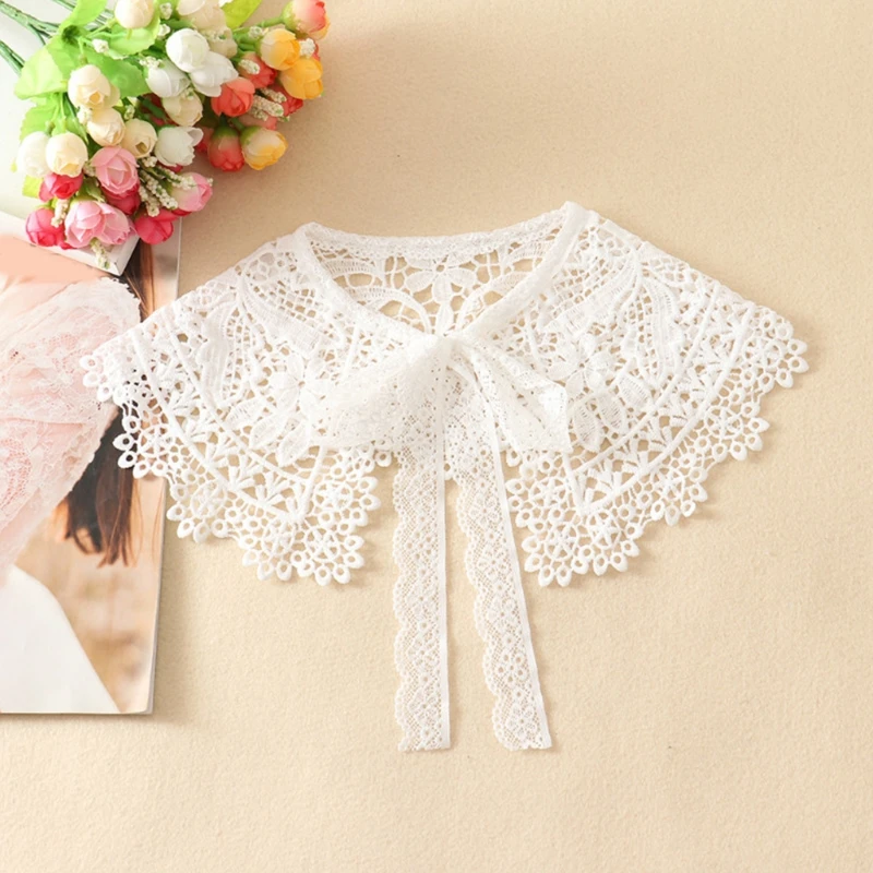 

Spring Hollow Out Ribbon Bowknot False Fake Collar Shawl Wrap Embroidery Lace Floral Leaves Sunscreen Necklace Capelet