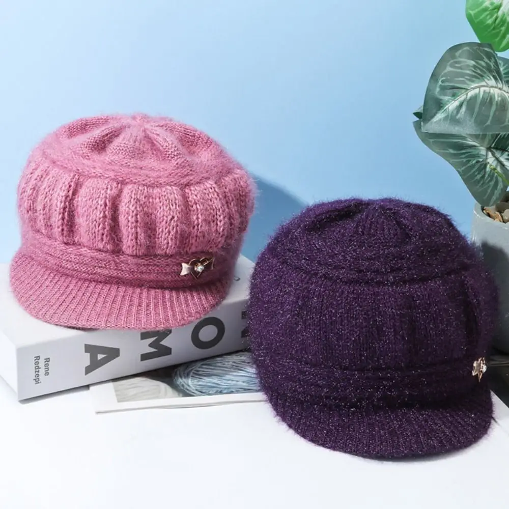 Women's Fashion Knitted Wool Hat Solid Color Windproof Plush Cap Winter Headwear Middle Aged