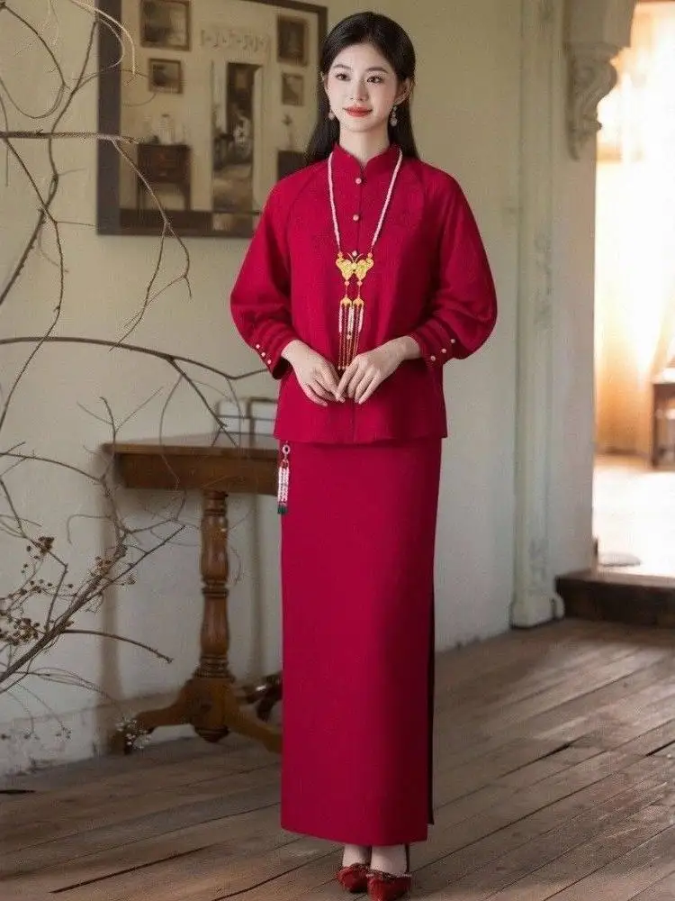 Elegant Red Chinese Style Two-Piece Set Long Sleeve Stand Collar Top High Waist Midi Skirt Wedding Dress for Women