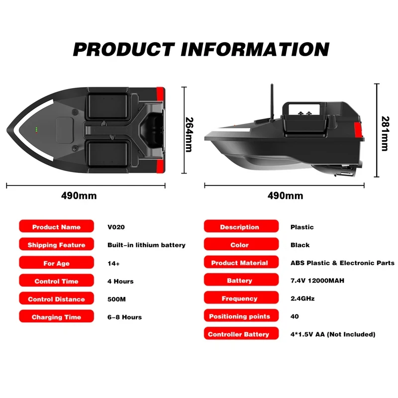 V020 Fishing Bait Boat 500m Remote Control, Dual Motor, Automatic Cruise/Return/Route Correction CE