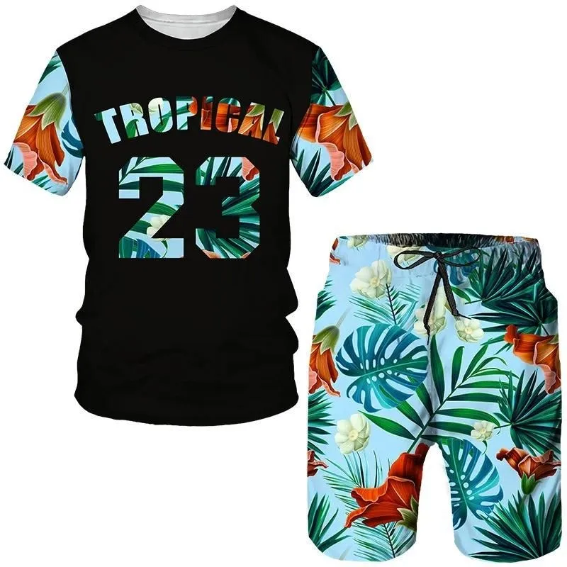 Men's Tracksuits Men Summer Round Neck Short Sleeve T-shirt Shorts Tropics Pattern 3D Printing Fashion Trend Casual New Set