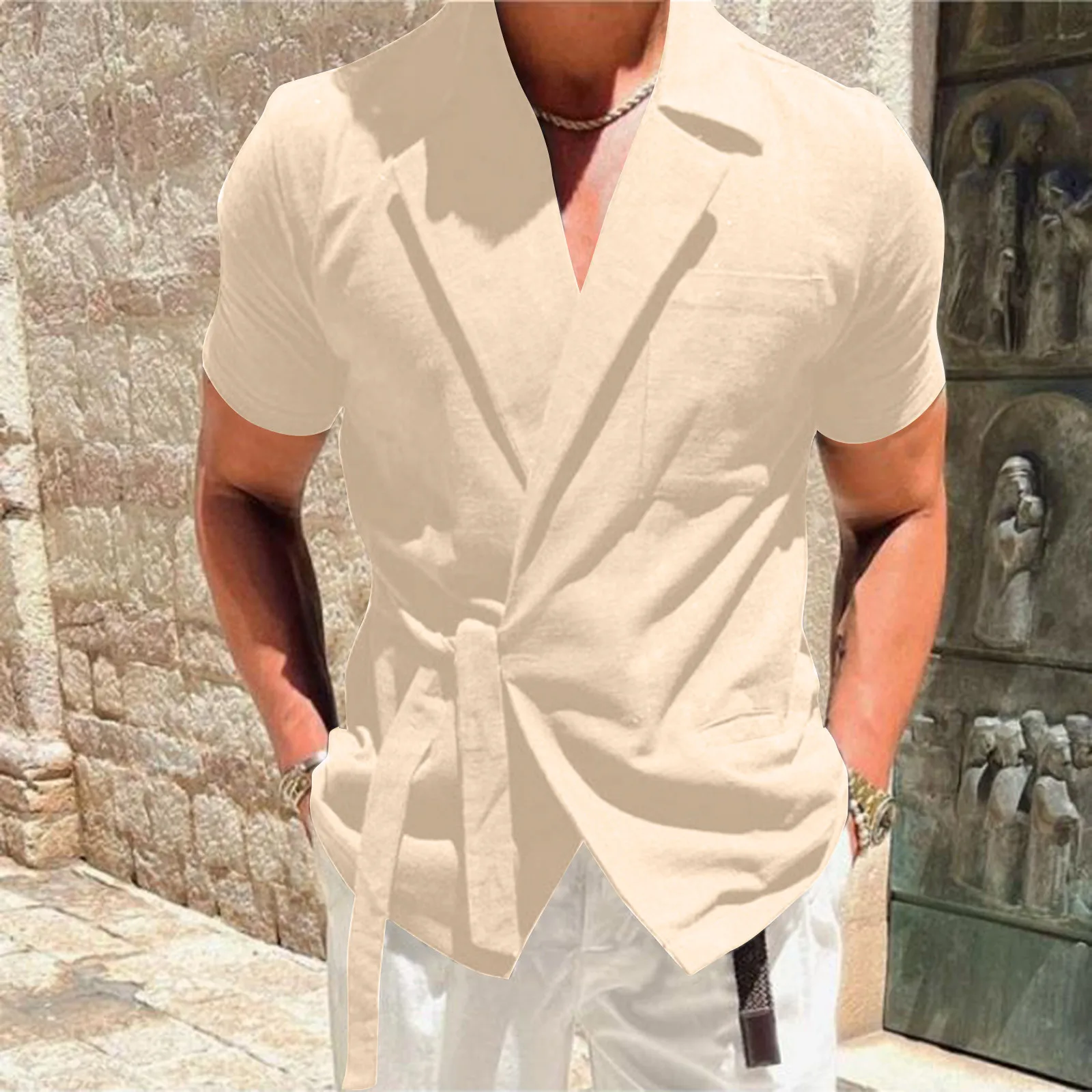 2024 new Mens lapel suit Korean fashion shirts Solid Color summer Casual Outfits Cotton Linen With Tie Up camisas caballero