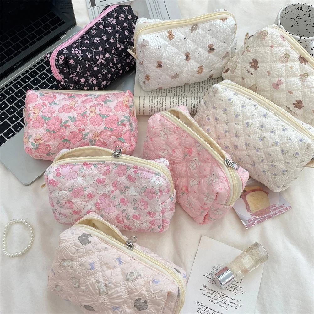 Pink Flower Women Cute Makeup Bag Travel Organizer Cosmetic Coins Handbag Pouch Girls Cute Cartoon Square Zipper Cosmetic Bags