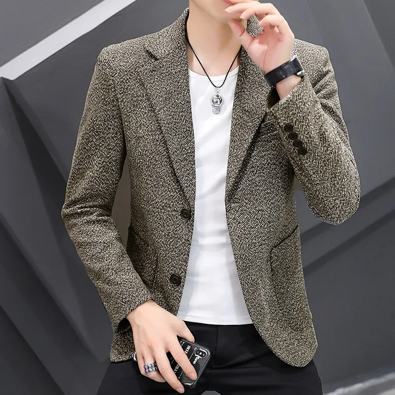 

HOO 2023 Men's New Autumn Woolen blazer Casual Slim Double Button blazer