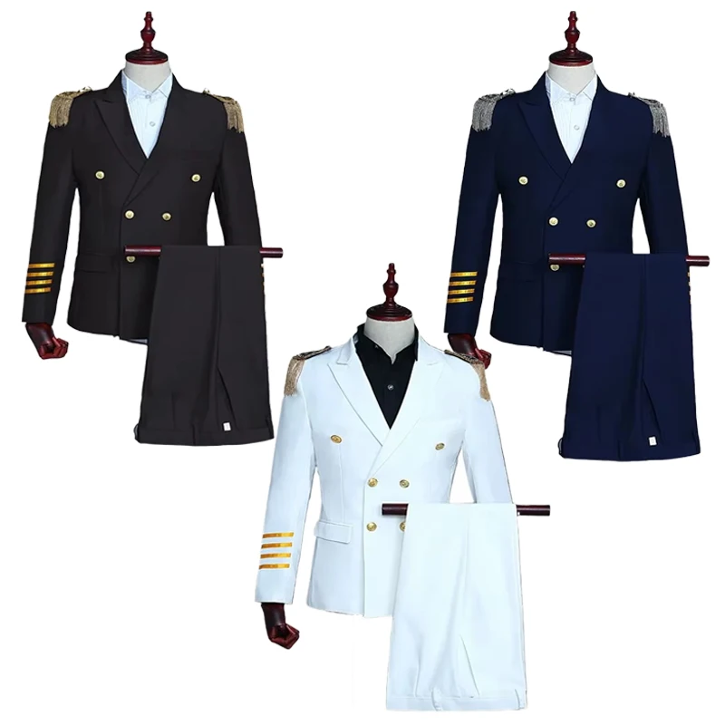 

Double Breasted Captain's Suits for Men 2-piece, Party Tassel Shoulder Patch Military Performance Blazer+pants,studio Photo Gown