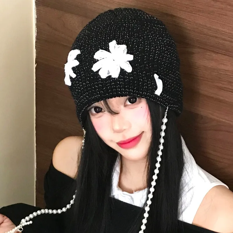 

Korean Version Niche Sweet Flower Bow Pearl Chain Knitted Hat Women's Spring and Autumn Versatile Fashion Skull Beanie Caps