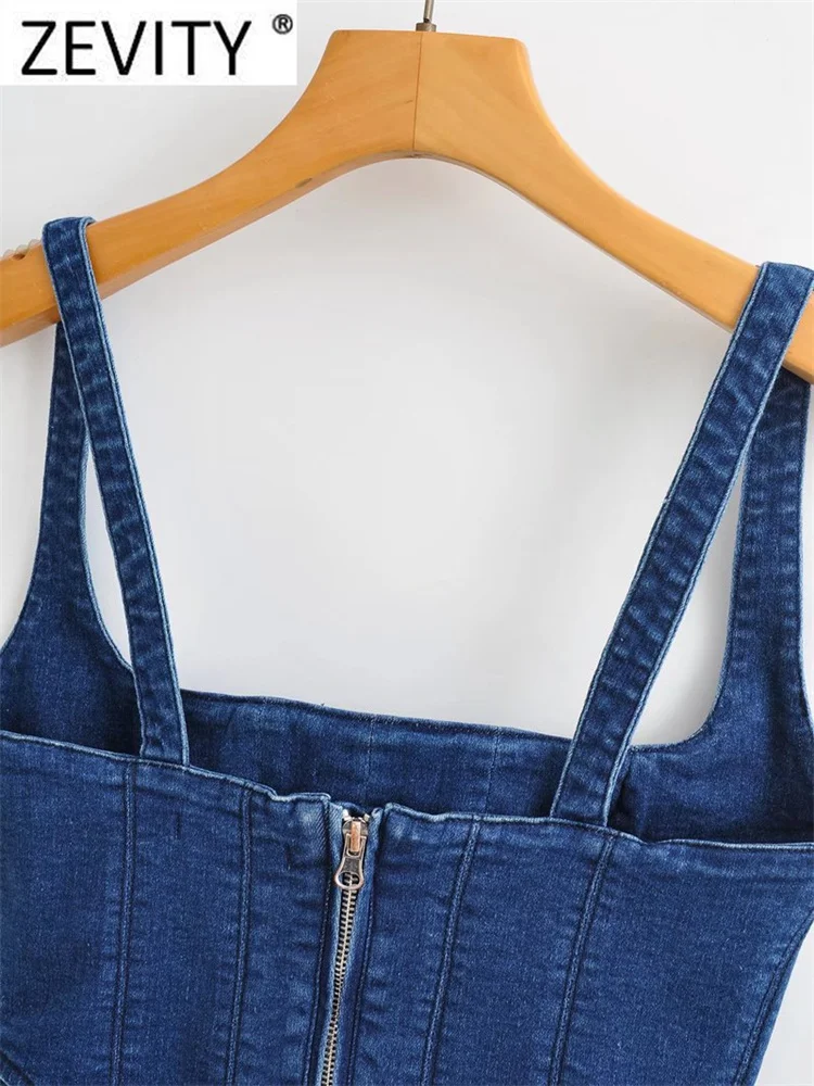 Zevity Women Sexy Blue Elastic Denim Sling Blouse Female Summer Back Zipper Slim Short Smock Shirt Chic Crop Blusas Tops LS2543