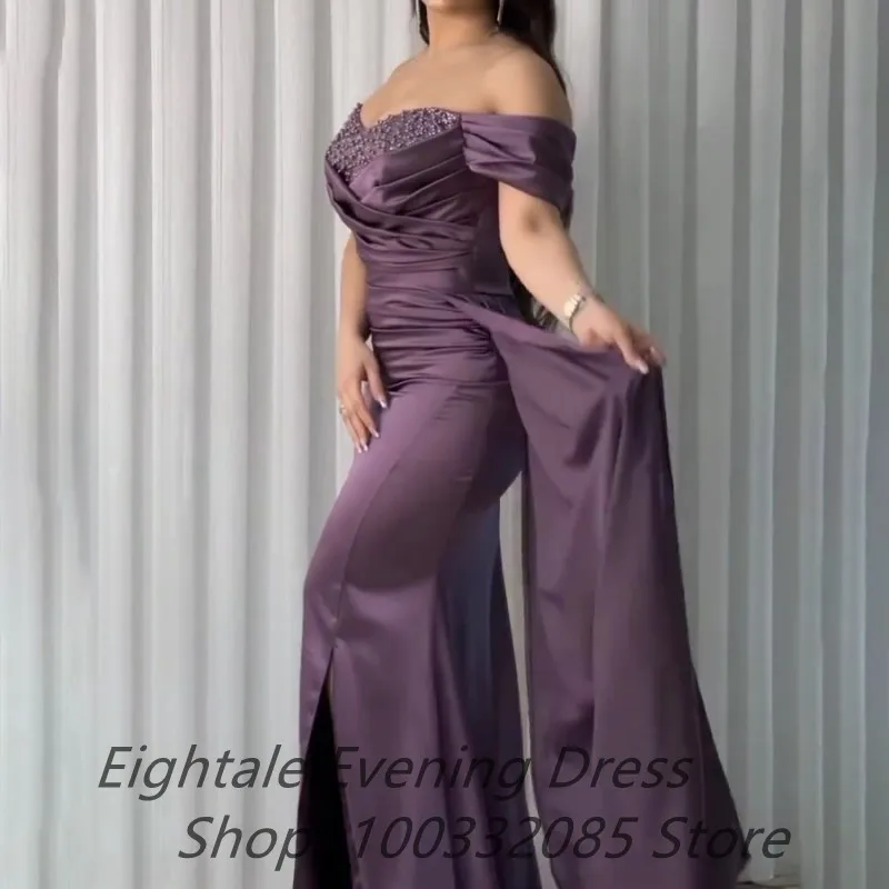 Customized Purple Mermaid Evening Dresses Pearls Beaded Sweetheart Neck Off Shoulder Slit Party Gown Fitted Arabic Prom Dress