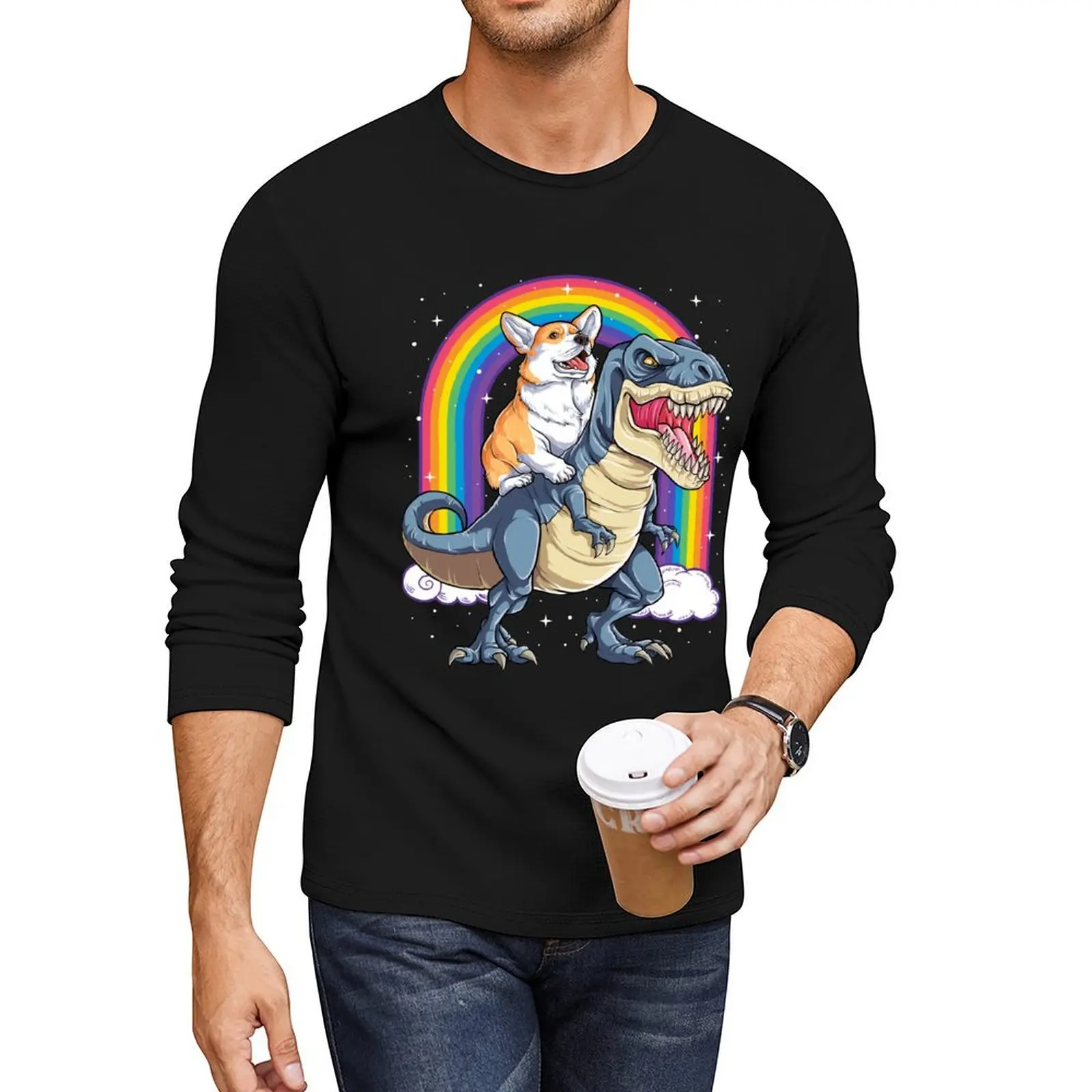 

Corgi Riding Dinosaur T rex Shirt Funny Rainbow Dog Long T-Shirt black t shirt Anime t-shirt slim fit t shirts for men