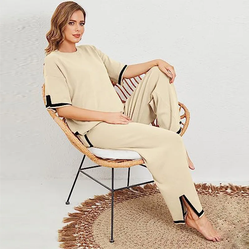 

Women's Knitted Sweater Set ort Sve Overhead Wide Leg Pants Faionable Summer Outfit Polyester Fabric Comfortable Fit