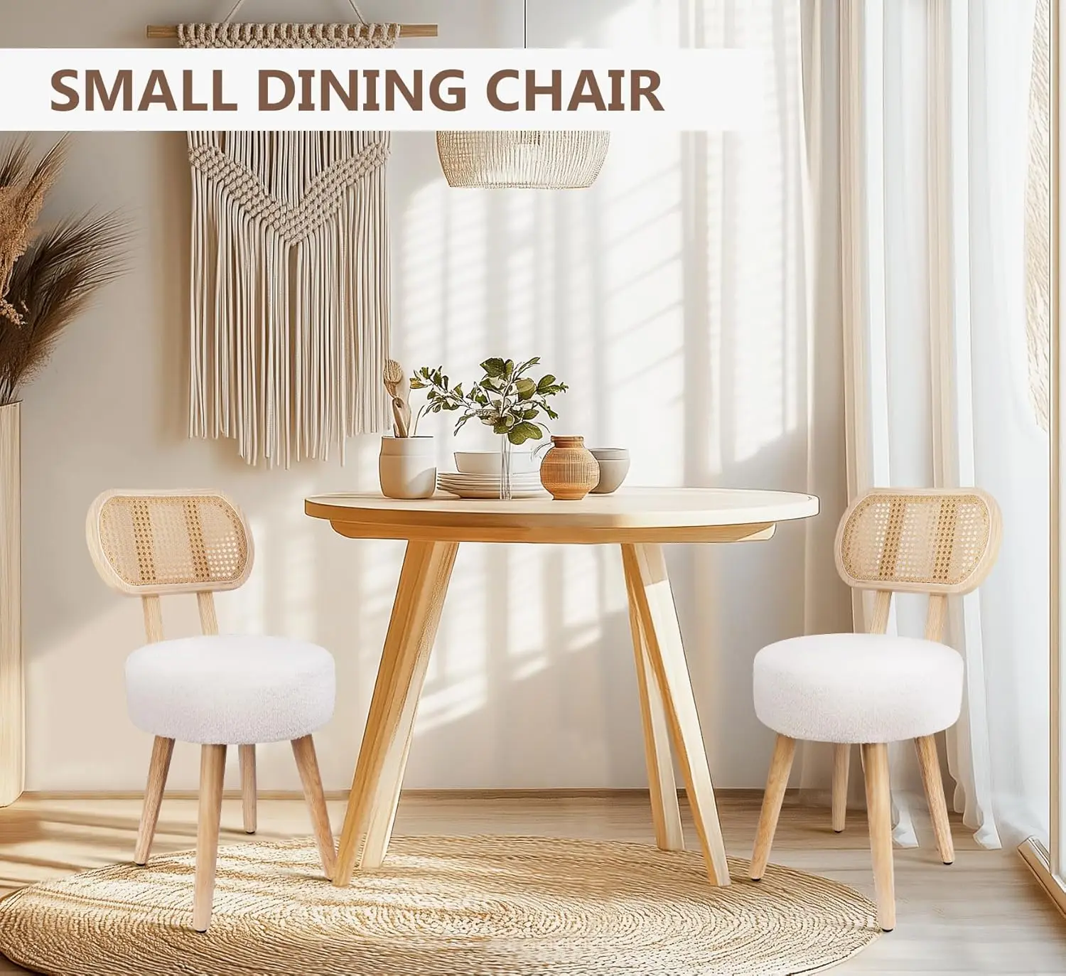 Modern Rattan Dining Chair with Boucle Seat, Versatile Accent Chair for Living Room, Kitchen, or Office