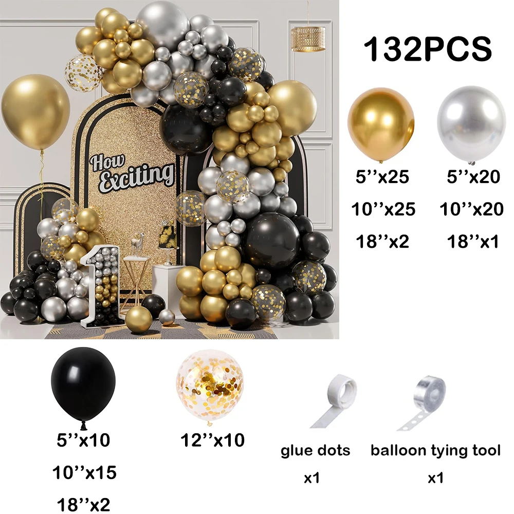 132Pcs Black Metallic Gold Silver Balloons Garland Arch Kit Gold Confetti Balloon Birthday Party Decoration Wedding Graduation