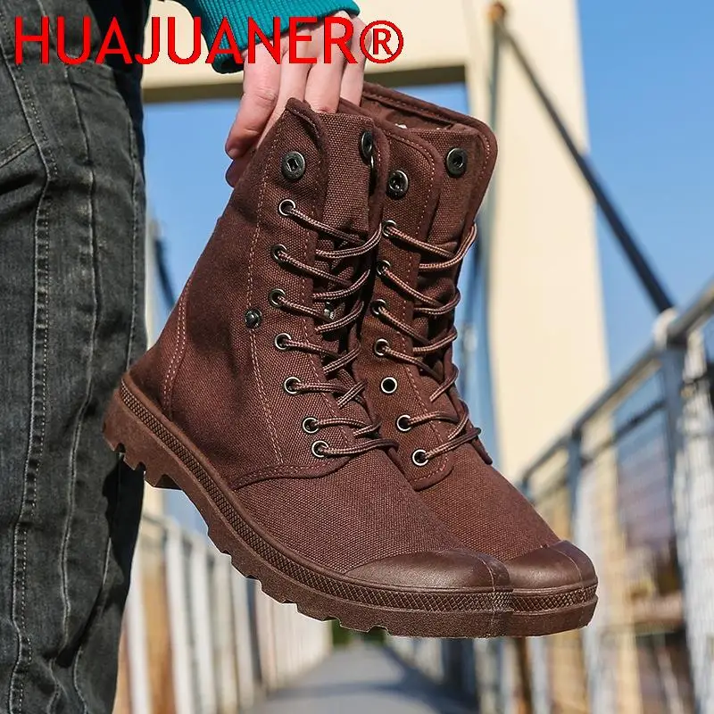 Men Army Boots Platform Ankle Boots Lace Up Male Desert Boots High Top Men Canvas Shoes Cowboy Motorcycle Boots