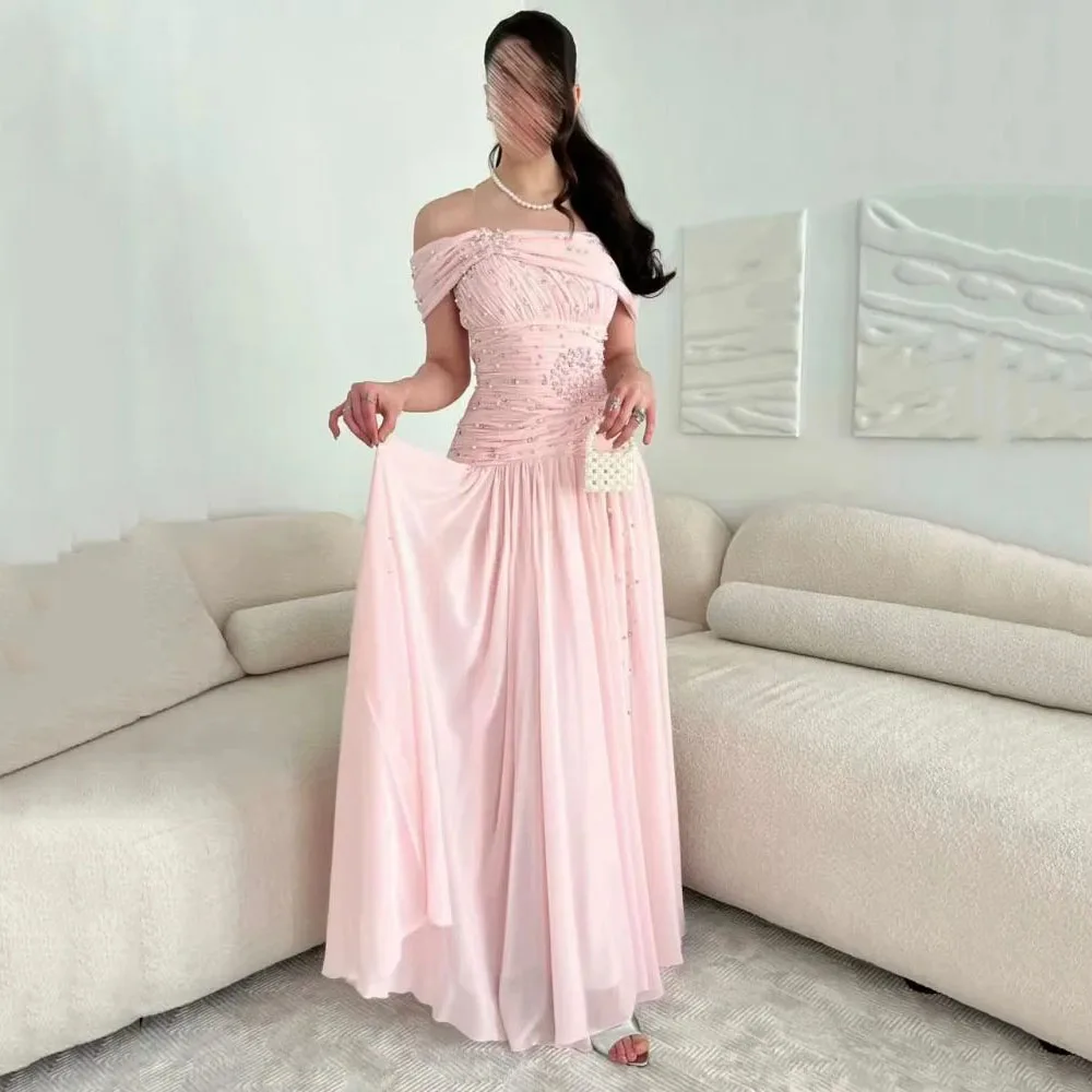 

Msikoods Pink Prom Dresses Women's Beaded A Line Formal Occasion Gown Pleated Off Shoulder Saudi Long Evening Dress Customized