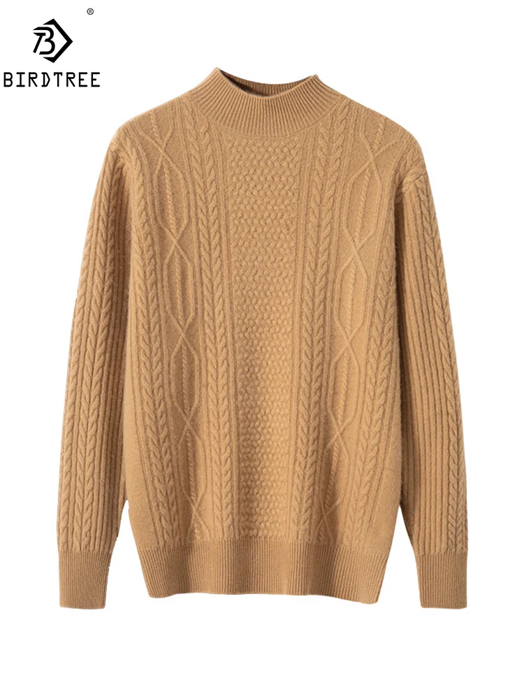 

BirdTree, Cashmere Wool Blended Thick Sweaters, Men's Mock Neck Jacquard, Soft High Quality Sweater, 2024 Autumn Winter T47967QM