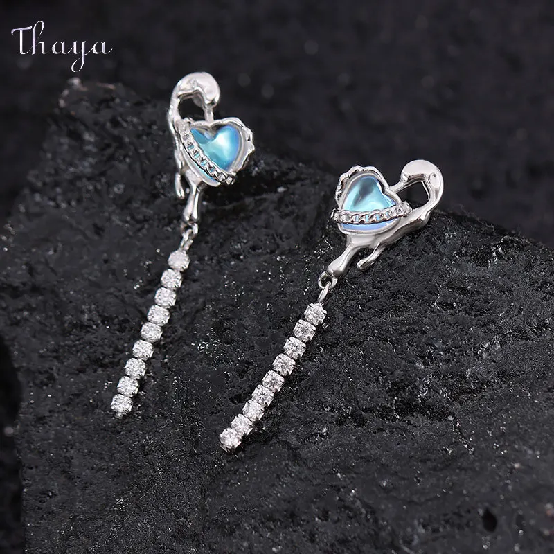 Thaya S925 Silver Women Moonstone Earring Heart-Shaped Design Fashion Crystal Female Earring Luxury Party Engagement Jewelry