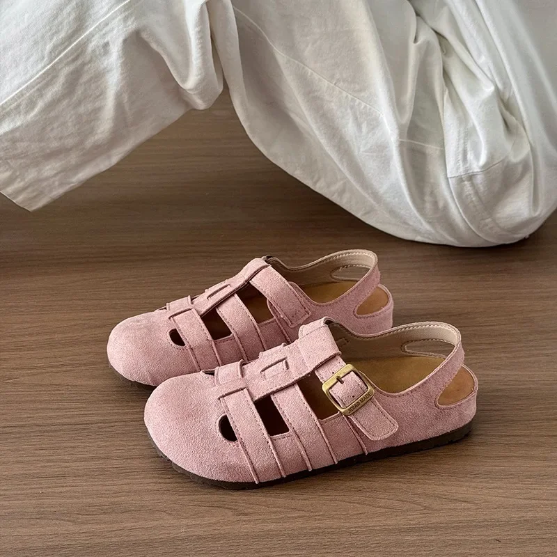 Women's Casual Round Head Flat Shoes Summer New Baotou Cow Suede Metal Buckle Soft Sole Anti-slip Wear-resistant Sandals view 4