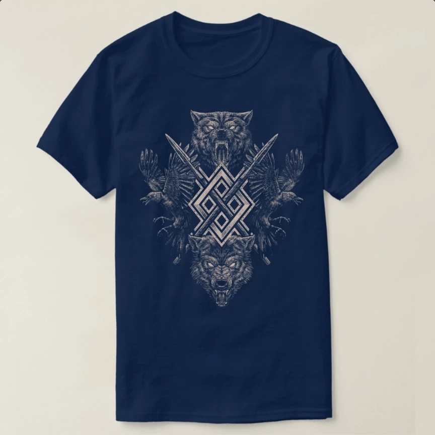 Goth Style Norse Myth Odin Ravens and Wolves T-Shirt 100% Cotton O-Neck Summer Short Sleeve Casual Mens T-shirt Size S-3XL