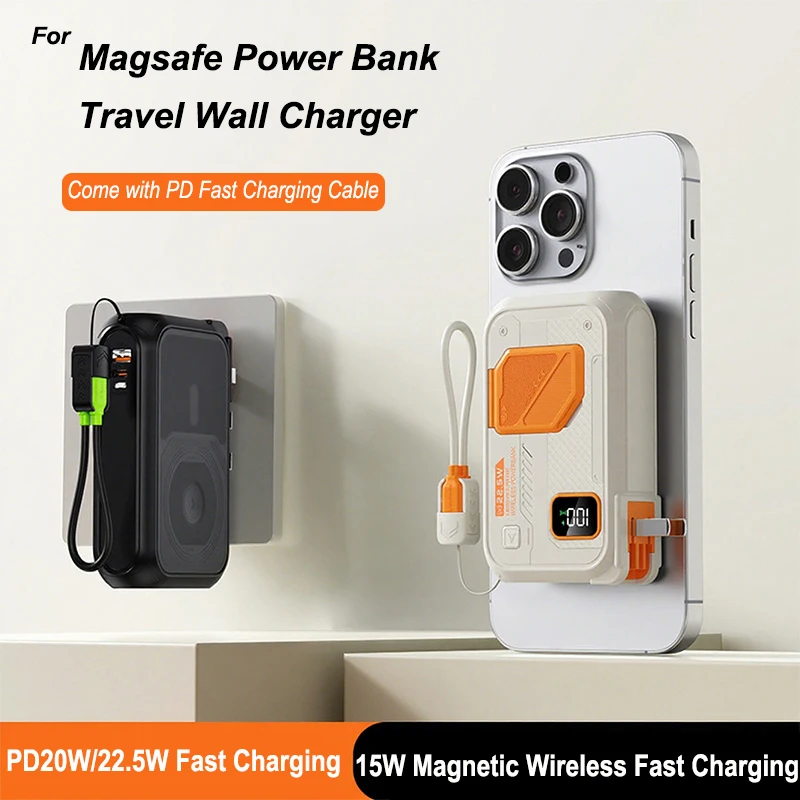 

20000mAh Magsafe Power Bank Travel Wall Charger Magnetic Wireless 22.5W Fast Charger For iPhone 16 15 X Samsung Xiaomi Powerbank