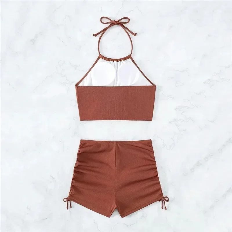 Brown Ribbed Swimwear Shorts Swimsuits Women Halter Bikinis Sets String Drawstring Bathing Suit Beachwear Sexy Bikini 2024 Mujer