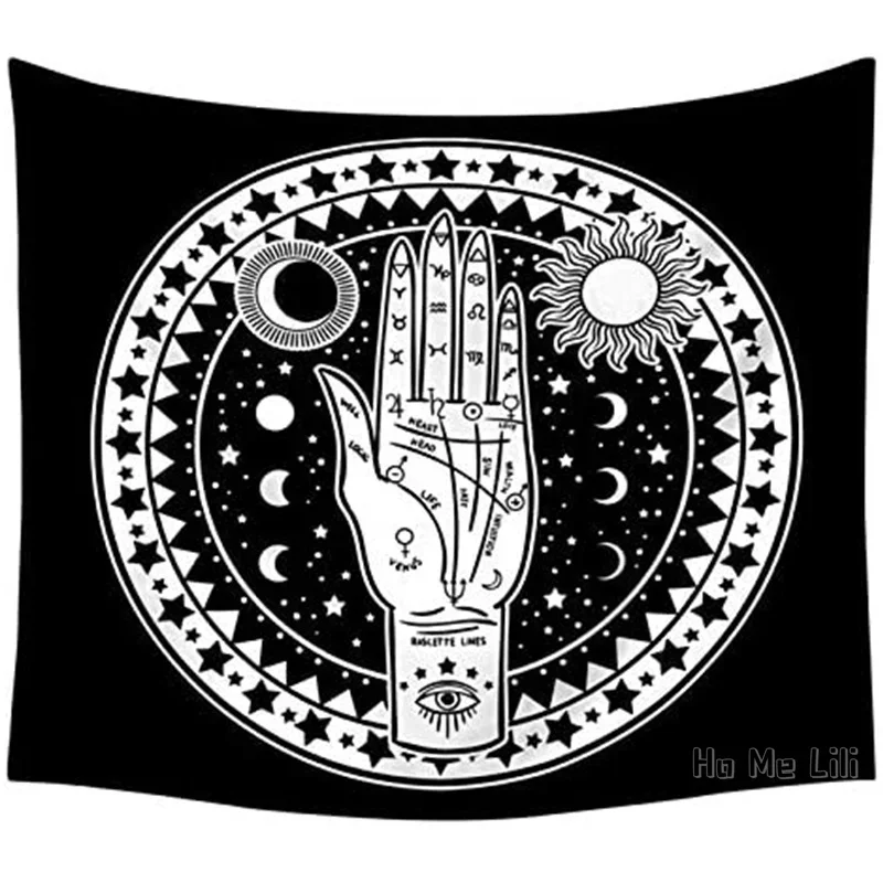 Many Fractal Faces Celestial Palmistry Hand Energy Mystic Black And White Witchy Wall Art By Ho Me Lili Tapestry Home Decor