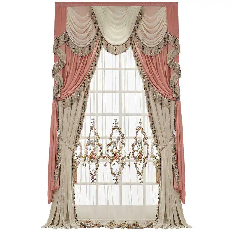 American High-end Customized Pink Beige Velvet Blackout Curtains for Living Room Bedroom French Window Balcony Window Villa