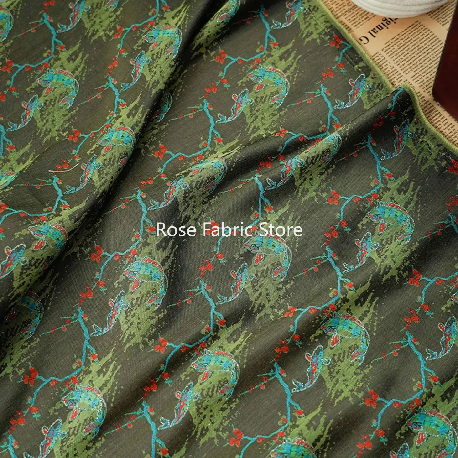 1 Meter Dark Green Chinese Style Jacquard Fabric Spring Summer Dress Cheongsam Bag Decorative Sewing Fabric