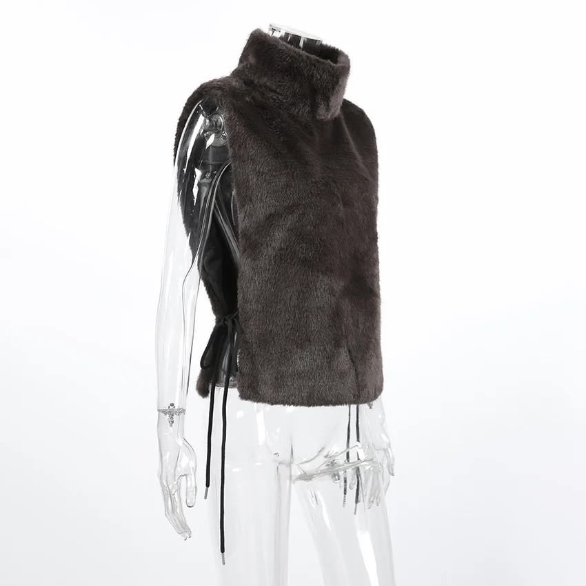 Women Faux Mink Fur Vests Coats Solid Fur Jackets Lace Up Cotton Linen Turtleneck Sleeveless Loose Fit Casual 2026 Autumn Winter