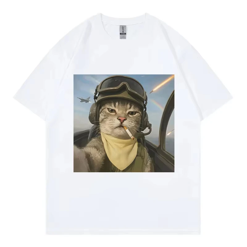 Funny Smoking Cat on Plane Graphic T Shirts High Quality Fashion Oversized T-shirts Men Women Casual Cotton Short Sleeve T-shirt