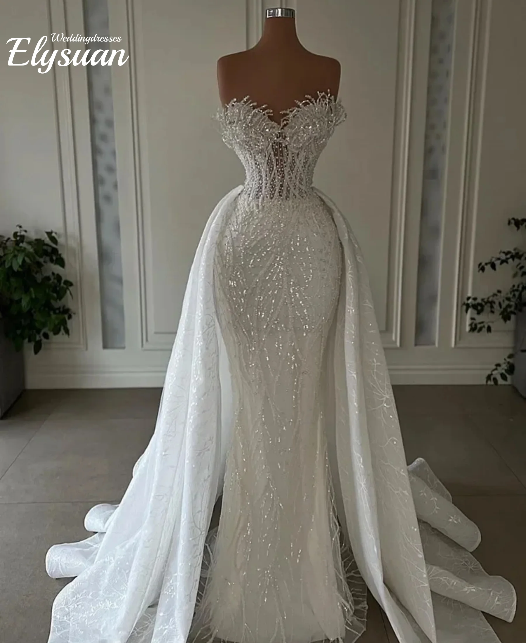 Customized Luxurious Mermaid Wedding Dresses  Bride Strapless Heavy Beaded Lace 2 In 1 Detachable Overskirts Bridal Gown  Vestid
