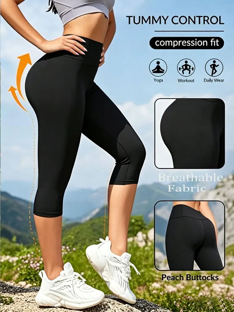 Sommer Damen High-Waist Capri Workout-Hose Bauchkontrolle Schnelltrocknend Atmungsaktive Yoga-Hose Outdoor-Sport Schwarze Leggings