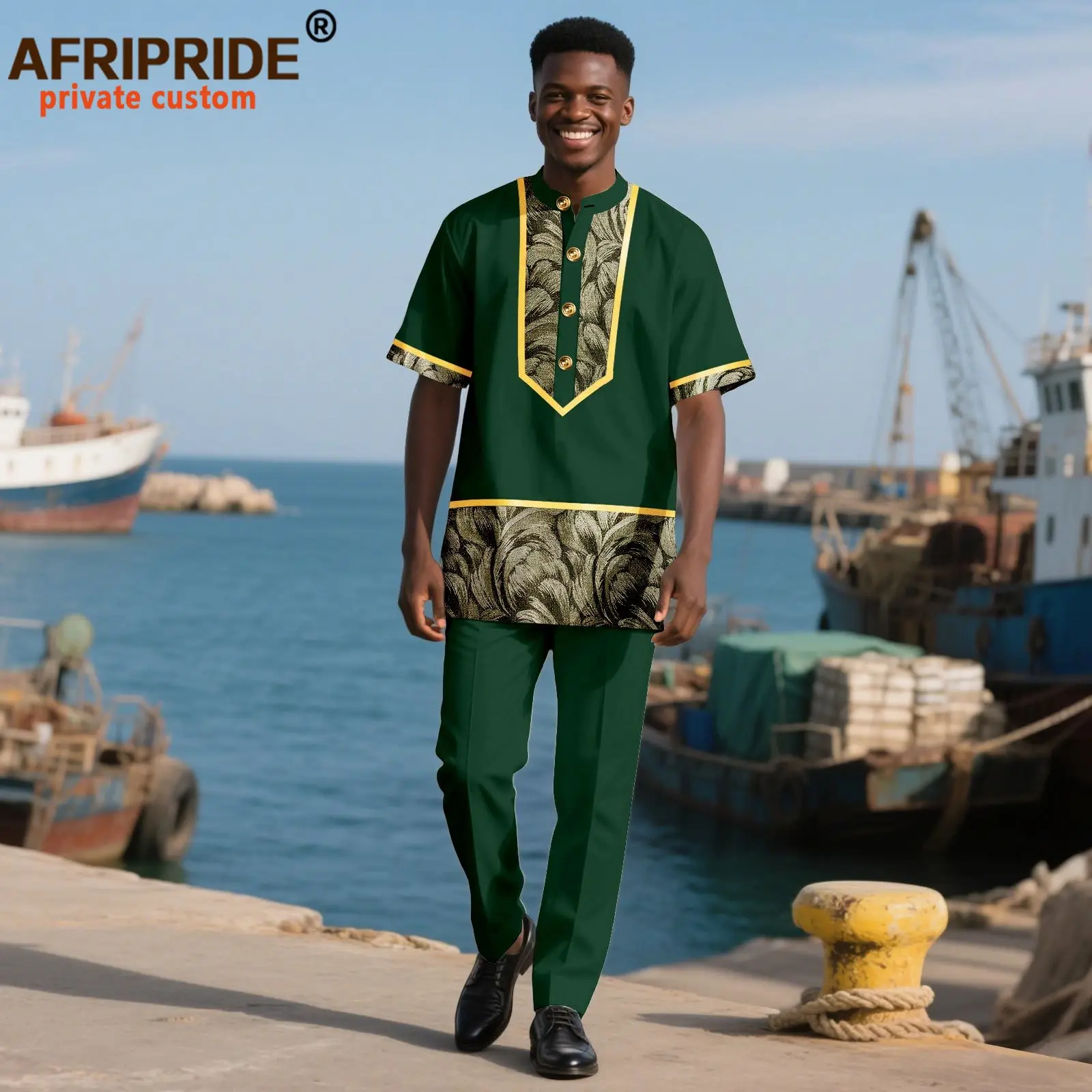 African Traditional Clothing for Men Half Sleeve Embroidery Single Breasted Shirts and Pants 2 Piece Set Dashiki Outfits 2516056