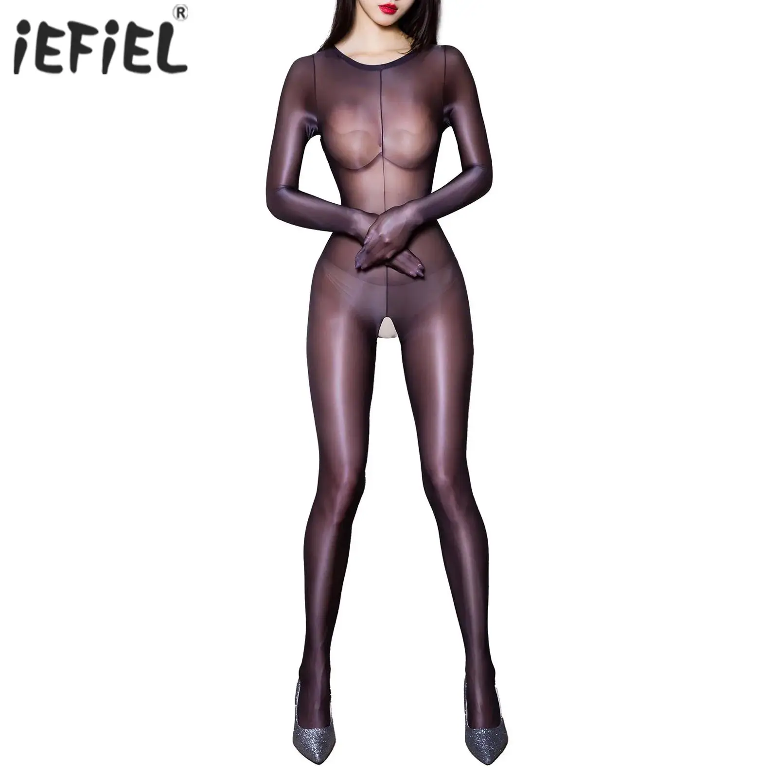 

Womens Glossy See-Through Jumpsuit Crotchless Catsuit Stretchy Unitard Skinny Full Bodysuit Solid Color Lingerie Bodystockings