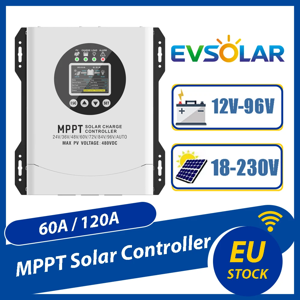 Regolatore di Carica Solare MPPT EVSOLAR 60A 120A, Ingresso Pannello Fotovoltaico 18V-230V, Con Opzione WIFI, Connessione Batteria 12V-96V