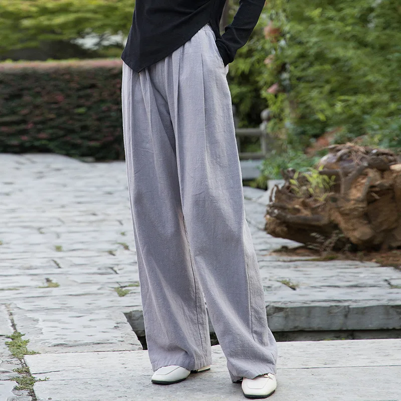 Yourqipao Pantaloni estivi in ramie di canapa e cotone Lavaggio con sabbia Pantaloni dritti casual retrò pizzicati in stile cinese per le donne