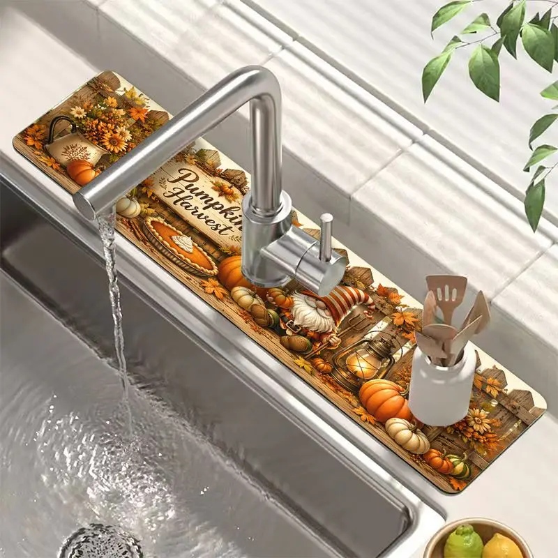 VIKAMA Pumpkin Harvest Gnome Faucet Mat Fall Sunflower Pie Absorbent Sink Splash Mat Kitchen Counter Drip Catcher Thanksgiving