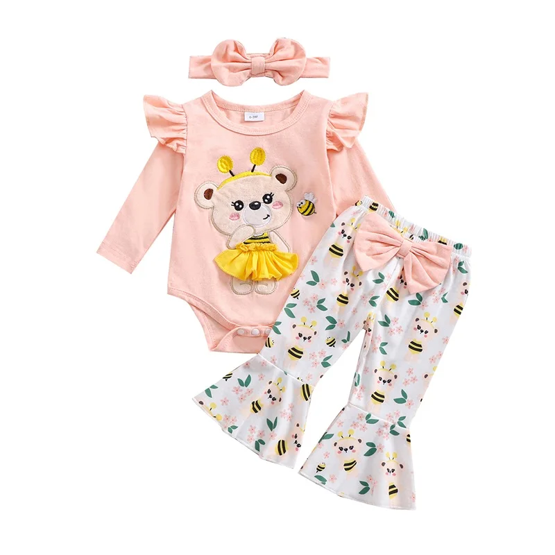 Baby Girl Fall Outfit Bee Bear Ruffle Long Sleeve Romper Flare Pants Bow Headband 3 Piece Set