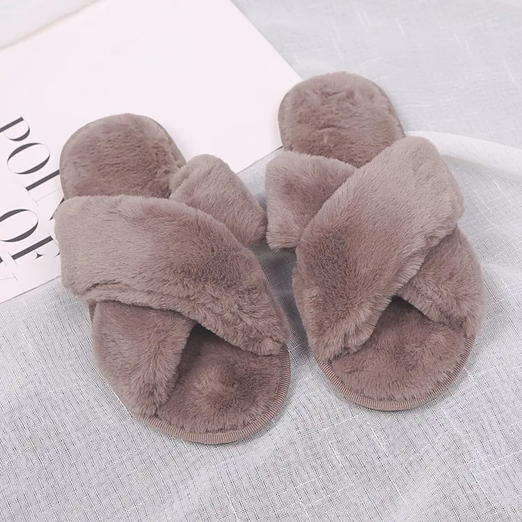 Women Winter House Furry Slippers 2022 New Design  Women Cross Fluffy Fur Home Slides Flat Indoor Floor Shoes Ladies Flip Flops