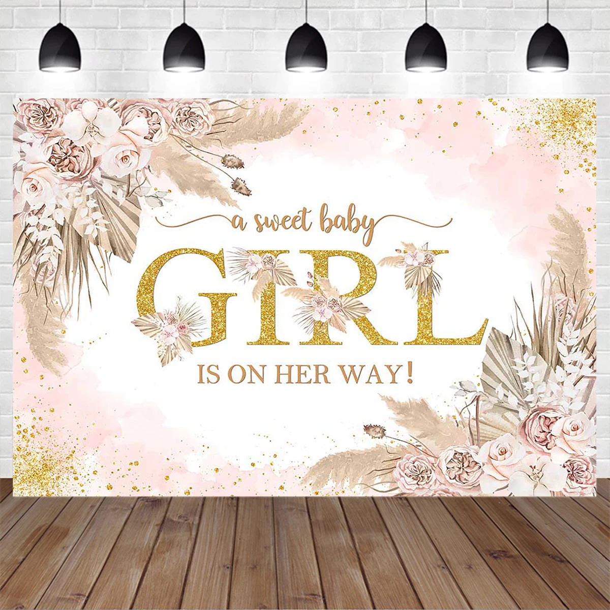 Sweet Boho Newborn Girl Birthday Photography Photo Background Bohemia Flower Pampas Grass Gold Polka Dot Backdrop Baby Portrait