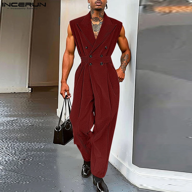 남성 코듀로이 점프 슈트 바지 솔리드 컬러 2025 민소매 옷깃 더블 브레스트 남성 Rompers streetwear 패션 오버올 INCERUN