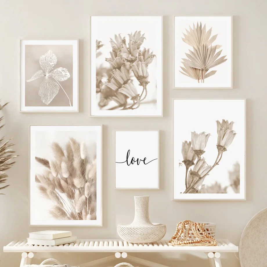 Neutral Beige Boho Wall Art Canvas Poster Print Rabbit Tail Grass Dried Flower Palm Leaf Minimalist Love Quote Bedroom Living Ro