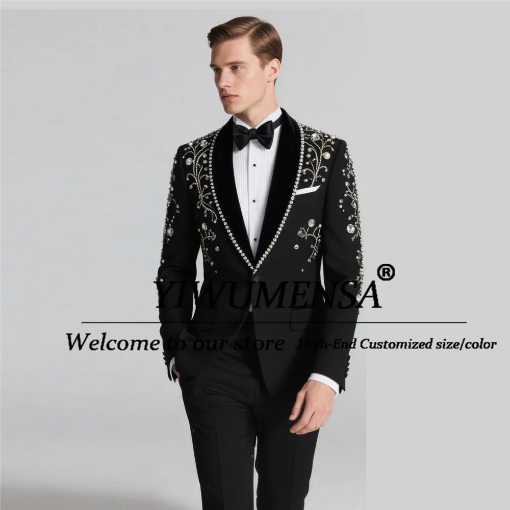 

Jewelry Beaded Pearls Suits Men For Wedding Slim FIt 2 Pieces Set Man Banquet Tuxedos Customized Black Shawl Lapel Prom Blazers