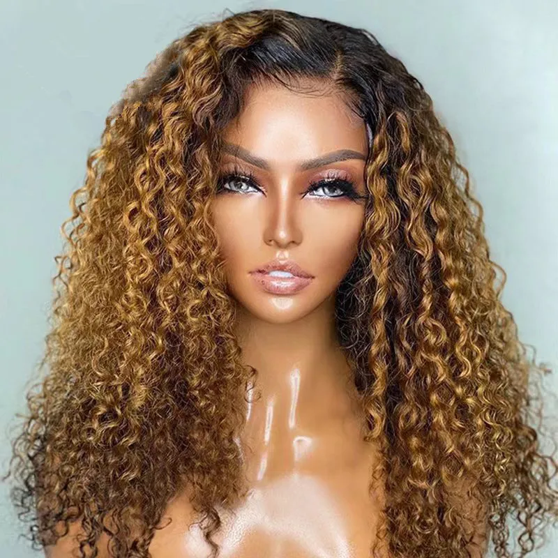 วิกผมหน้าผากลูกไม้แบบหยิกฟูสีบลอนด์ออมเบร ความยาว 26 นิ้ว ความหนาแน่น 180 สำหรับผู้หญิง พร้อมผมเบบี้แฮร์ ทำจากเส้นใยสังเคราะห์ แสกกลาง ใช้ได้ทุกวัน