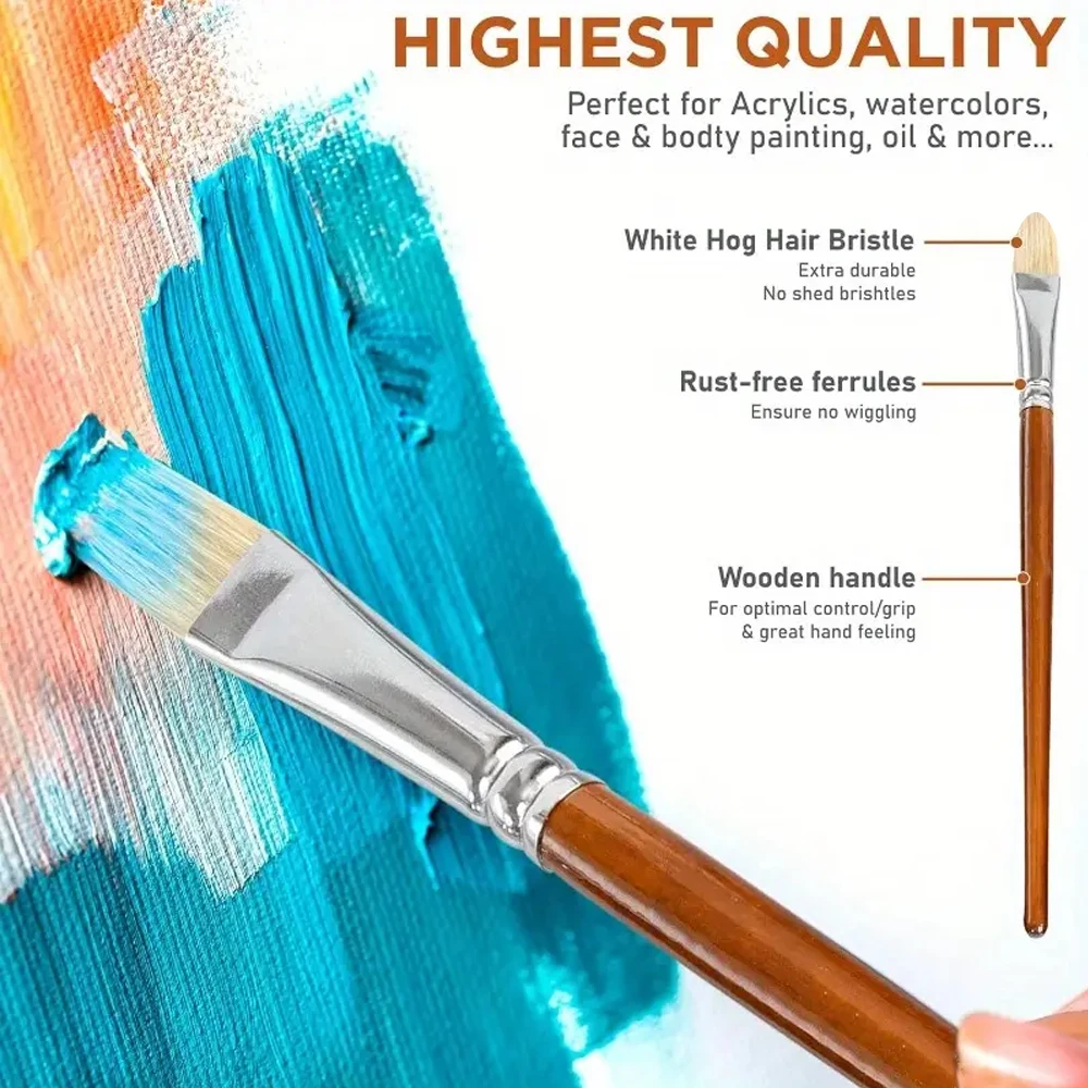 Professional Hog Bristle Filbert Oil Paint Brushes Set, 7pcs Long Wooden Handle Natural Chungking Hog for Oil Acrylic Painting