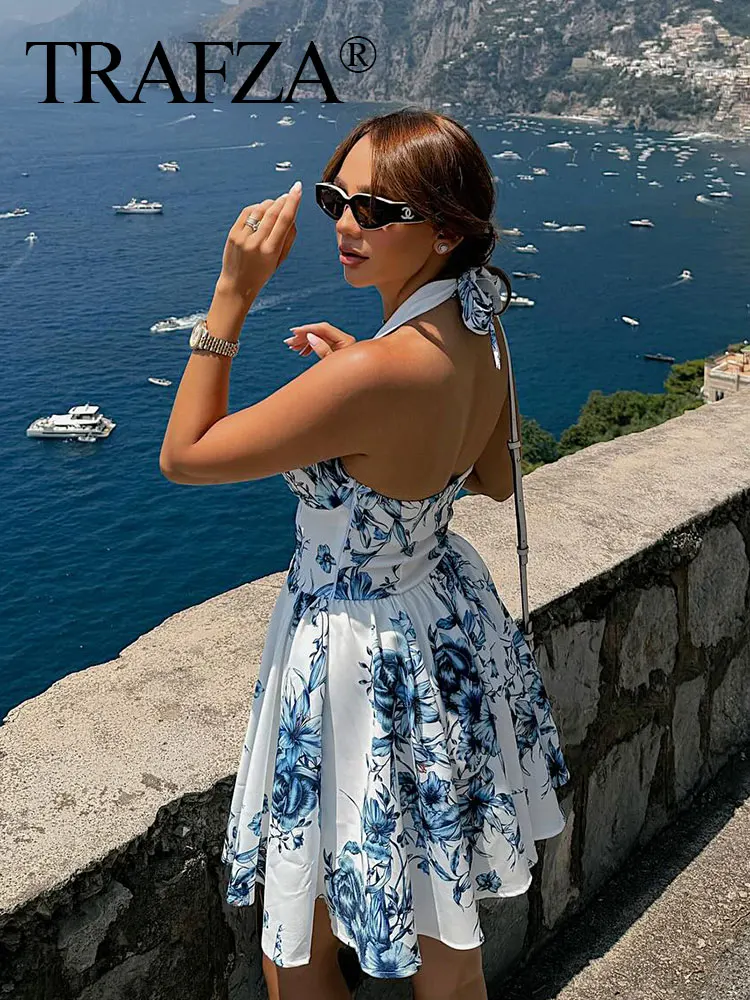 

TRAFZA Fashion Flower Printed Halter Neck Mini Dress For Women Backless Lace Up A-line Sleeveless Summer Elegant Mini Dress