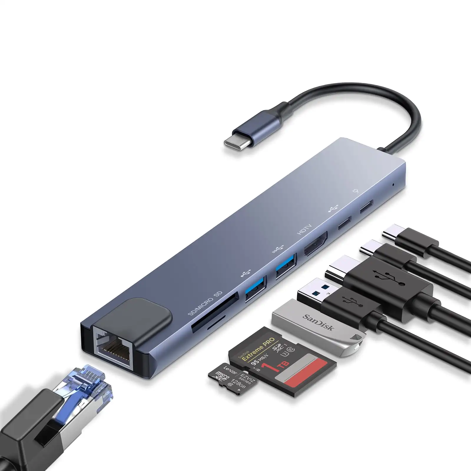 8in1 USB C Hub محطة الإرساء Usb C إلى محول إيثرنت نوع C محول RJ45 4K HDMI لماك بوك باد