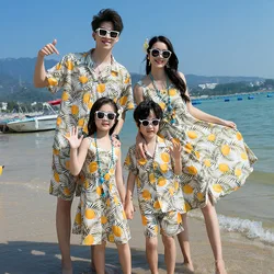 Summer Beach Family Matching Outfits Mum Daughter Floral Dresses Dad Son Cotton T-shirt+Shorts Couple Clothes Holiday Seaside