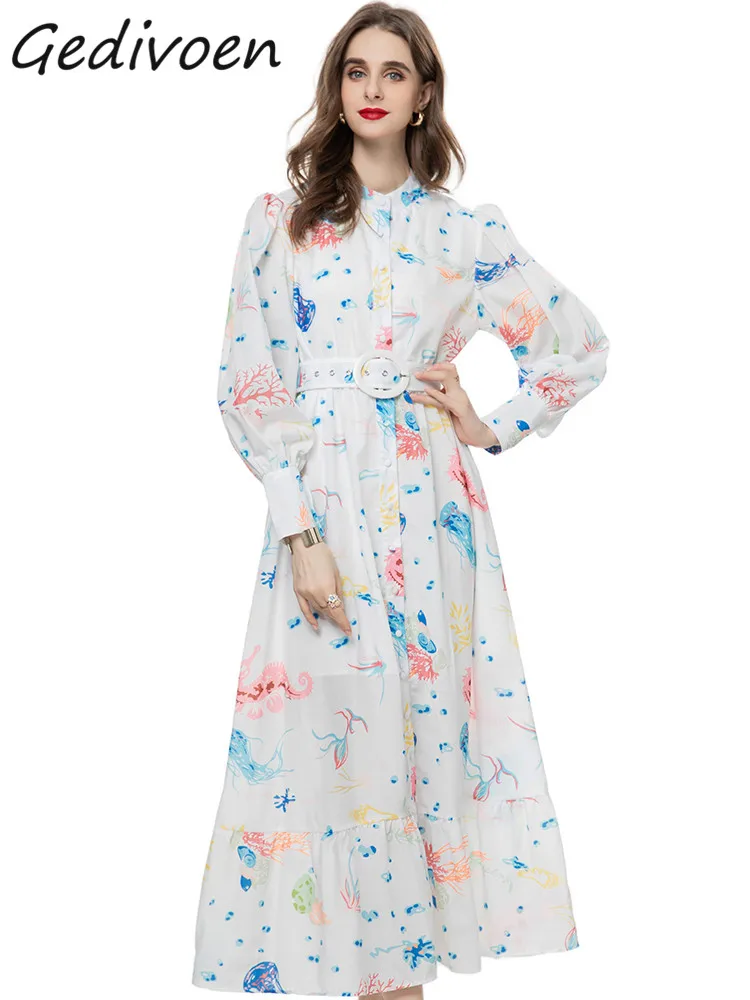 

Gedivoen Autumn Fashion Designer Vintage Print Party Dress Women's Lantern Sleeve Ruffles Sashes Gathered Waist Slim Long Dress